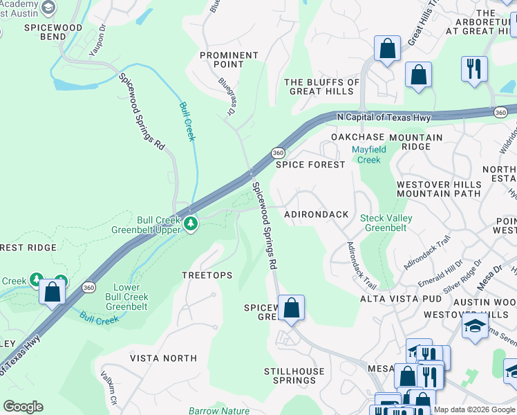 map of restaurants, bars, coffee shops, grocery stores, and more near 5223 Old Spicewood Springs Road in Austin