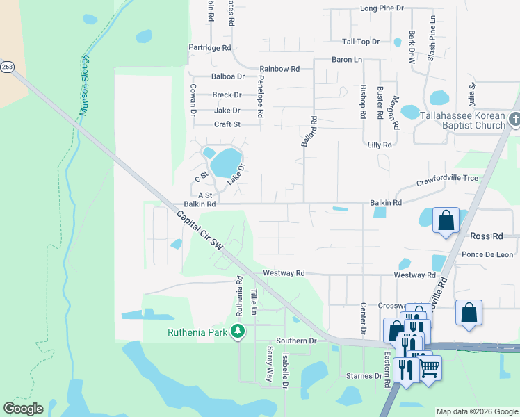 map of restaurants, bars, coffee shops, grocery stores, and more near 1412 Seville Street in Tallahassee