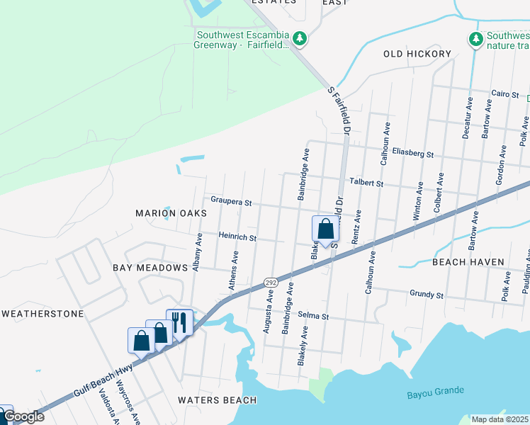 map of restaurants, bars, coffee shops, grocery stores, and more near 1711 Augusta Avenue in Pensacola