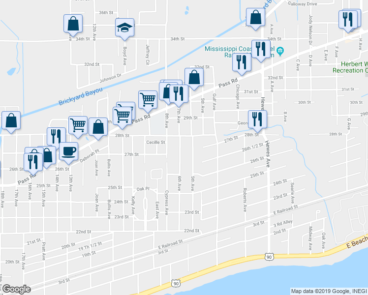 map of restaurants, bars, coffee shops, grocery stores, and more near 2627 6th Avenue in Gulfport