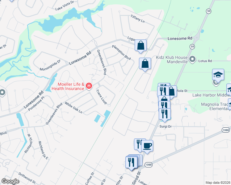 map of restaurants, bars, coffee shops, grocery stores, and more near 79 Trace Loop in Mandeville