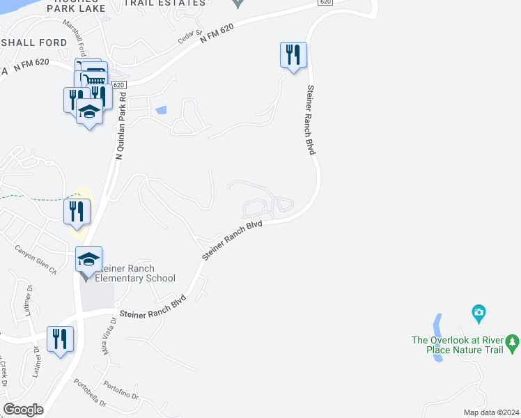 map of restaurants, bars, coffee shops, grocery stores, and more near 4800 Steiner Ranch Boulevard in Austin