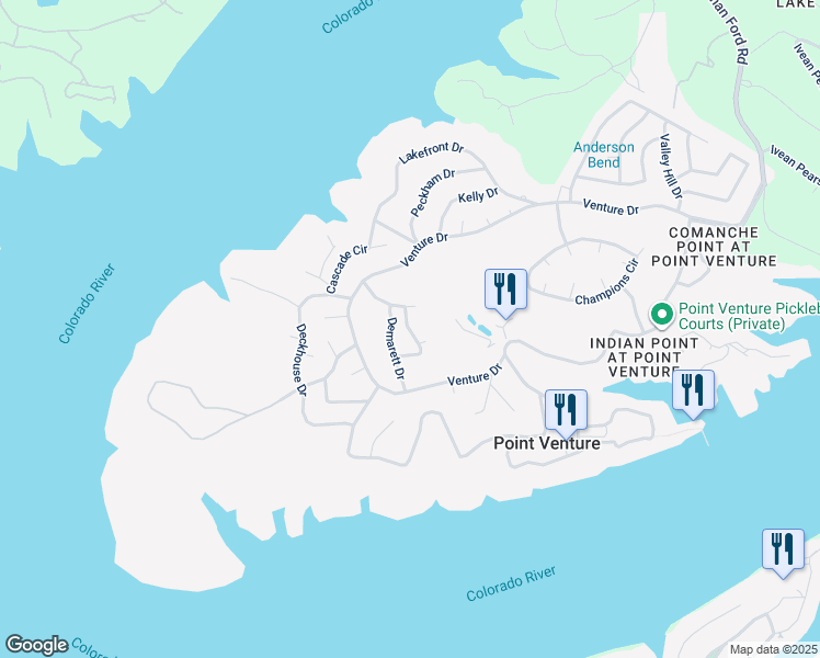 map of restaurants, bars, coffee shops, grocery stores, and more near 18803 Hogan Circle in Lago Vista
