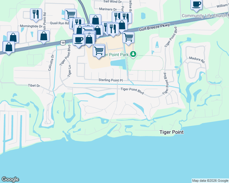 map of restaurants, bars, coffee shops, grocery stores, and more near 1346 Ceylon Drive in Gulf Breeze