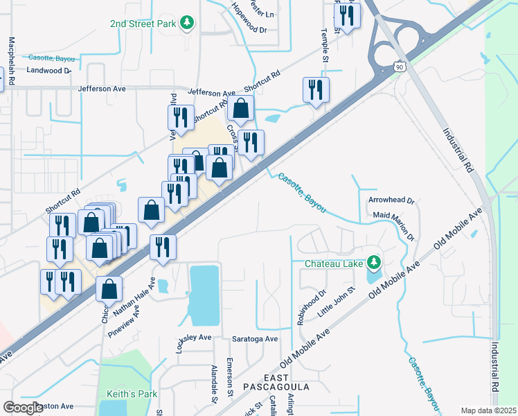 map of restaurants, bars, coffee shops, grocery stores, and more near 4603 Long Avenue in Pascagoula