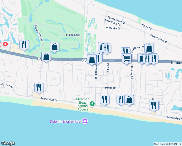 map of restaurants, bars, coffee shops, grocery stores, and more near 43 West Bradley Street in Miramar Beach