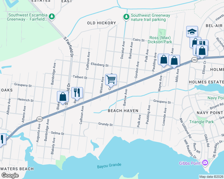 map of restaurants, bars, coffee shops, grocery stores, and more near 2110 Gulf Beach Highway in Pensacola