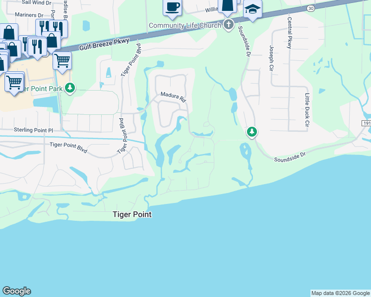 map of restaurants, bars, coffee shops, grocery stores, and more near 1293 Greenview Lane in Gulf Breeze