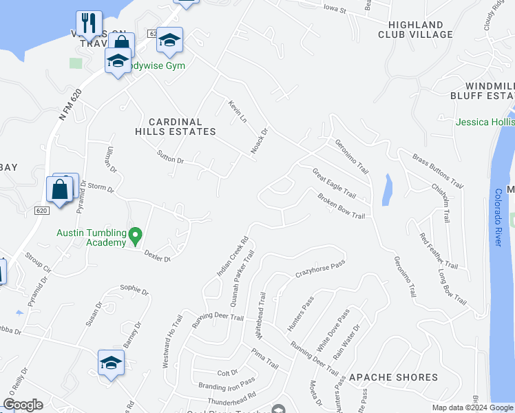 map of restaurants, bars, coffee shops, grocery stores, and more near 14819 Broken Bow Trail in Austin