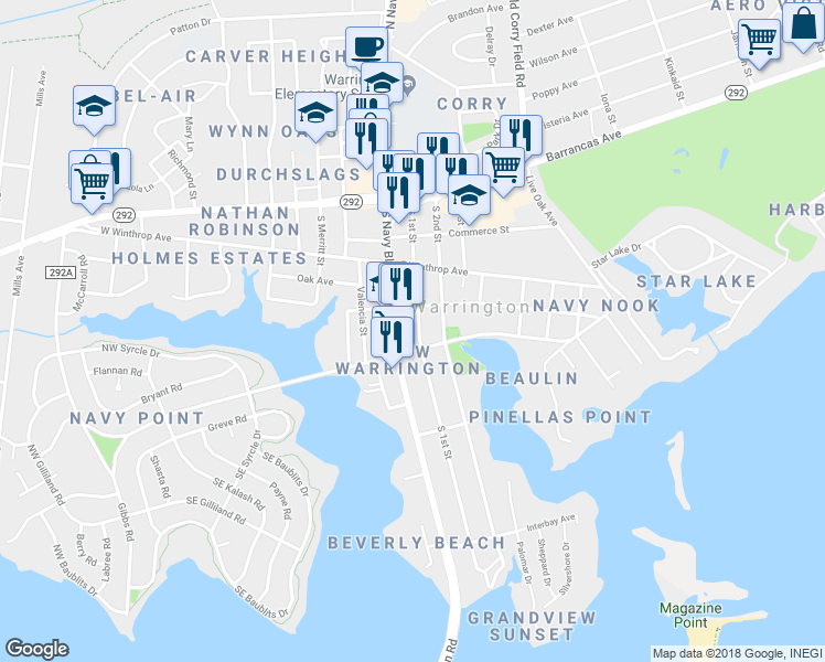 map of restaurants, bars, coffee shops, grocery stores, and more near 311 South 1st Street in Pensacola