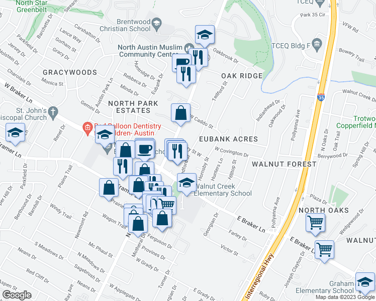 map of restaurants, bars, coffee shops, grocery stores, and more near 11408 Tedford Street in Austin