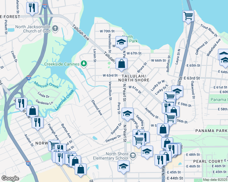 map of restaurants, bars, coffee shops, grocery stores, and more near 375 West 61st Street in Jacksonville
