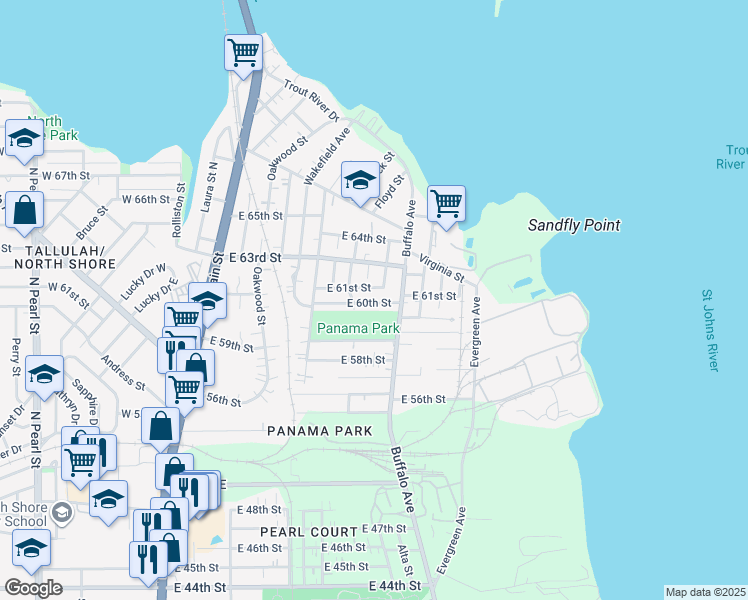 map of restaurants, bars, coffee shops, grocery stores, and more near 607 East 60th Street in Jacksonville