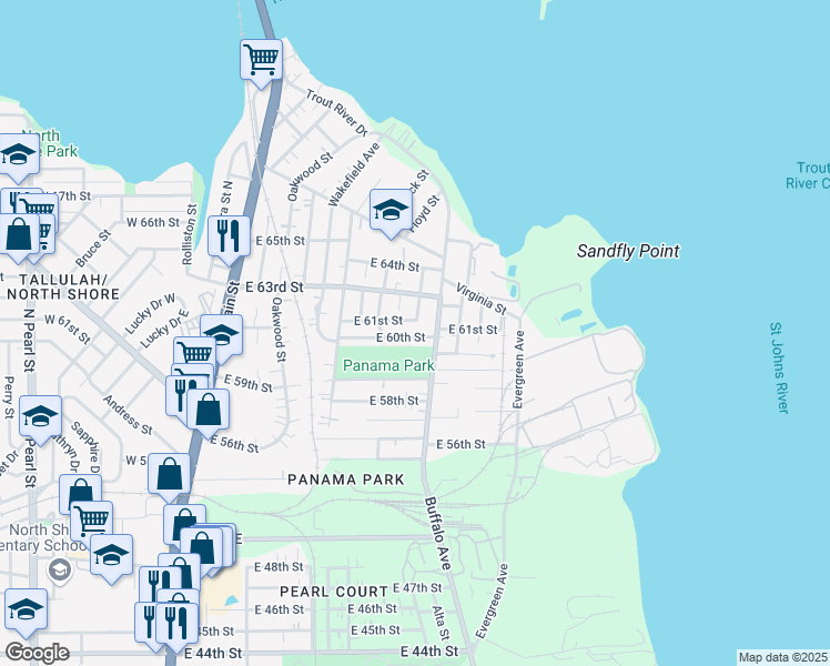 map of restaurants, bars, coffee shops, grocery stores, and more near 617 East 60th Street in Jacksonville