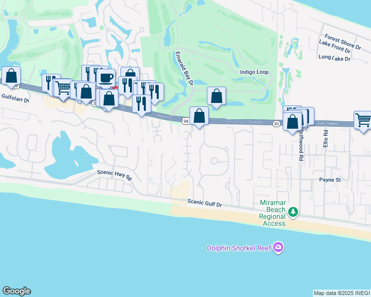 map of restaurants, bars, coffee shops, grocery stores, and more near 21 Black Coral Cove in Destin