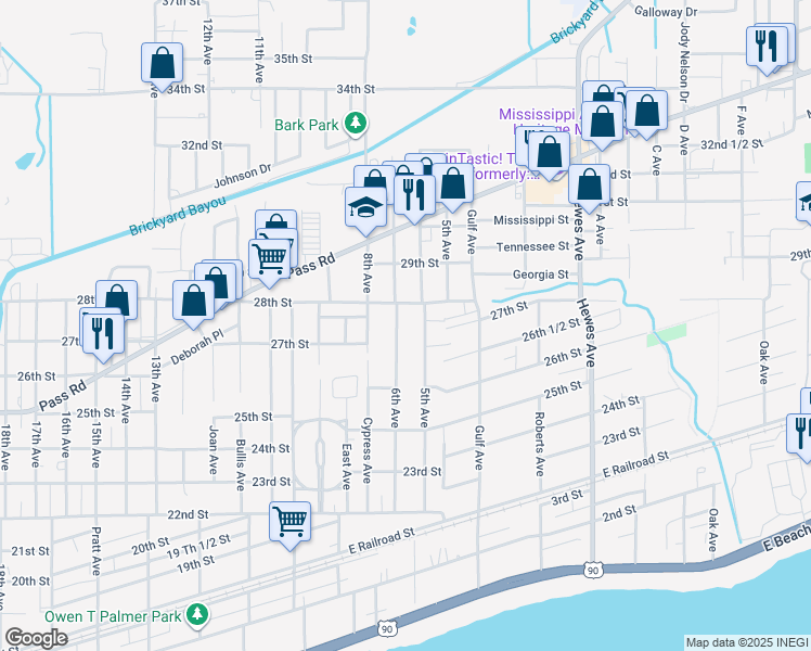 map of restaurants, bars, coffee shops, grocery stores, and more near 959 28th Street in Gulfport