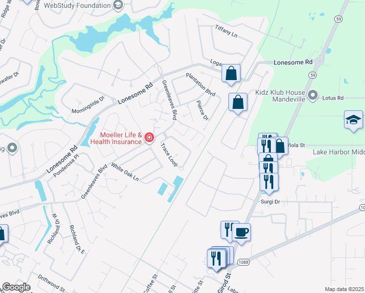map of restaurants, bars, coffee shops, grocery stores, and more near 113 Pineridge Street West in Mandeville