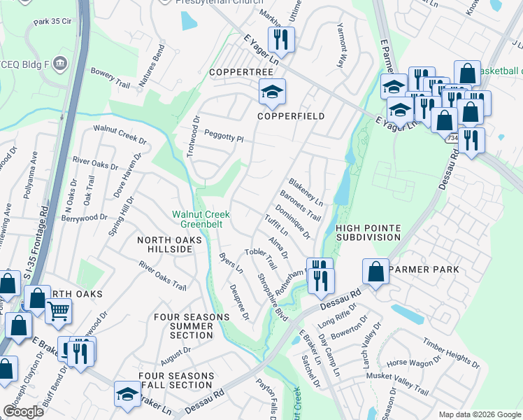 map of restaurants, bars, coffee shops, grocery stores, and more near 1211 Glen Summer Cove in Austin