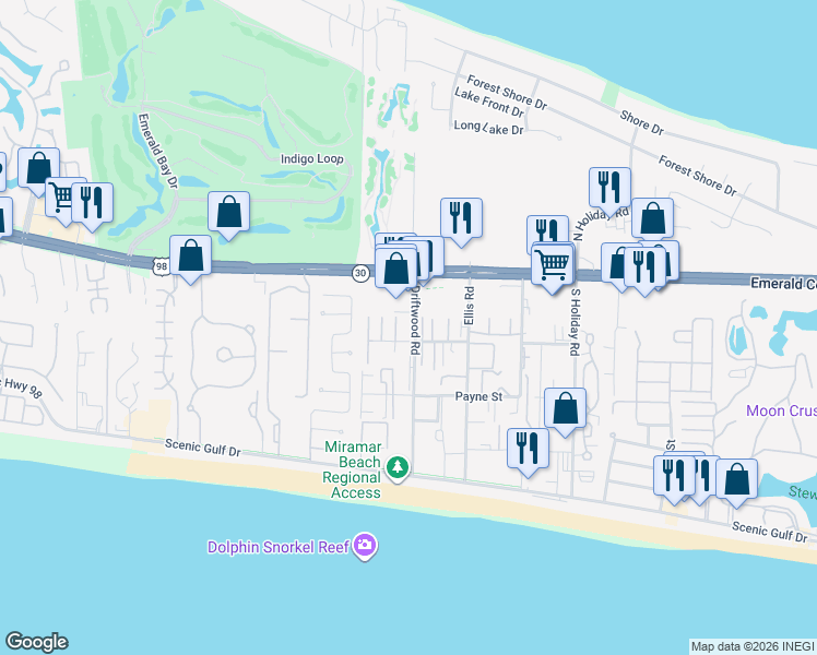 map of restaurants, bars, coffee shops, grocery stores, and more near 355 Driftwood Road in Miramar Beach