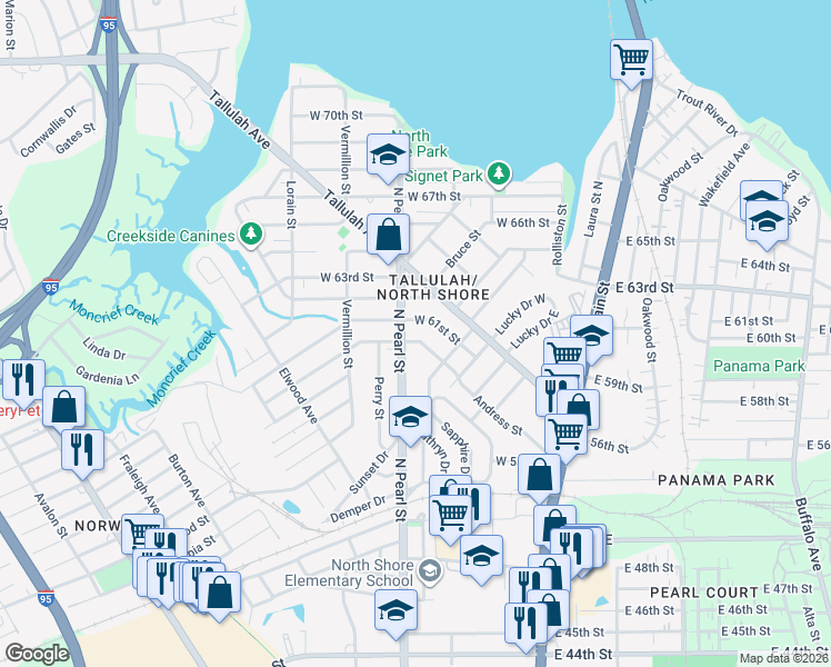 map of restaurants, bars, coffee shops, grocery stores, and more near 225 West 61st Street in Jacksonville