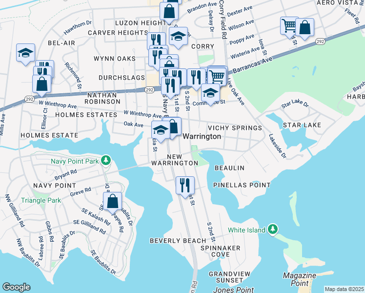 map of restaurants, bars, coffee shops, grocery stores, and more near 300 South 2nd Street in Pensacola