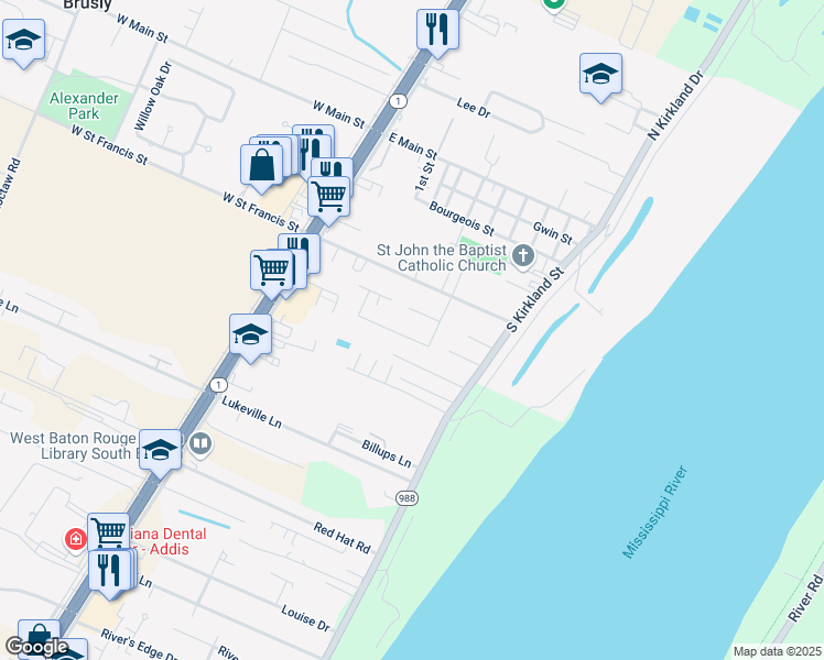map of restaurants, bars, coffee shops, grocery stores, and more near 507 Marionneaux Street in Brusly