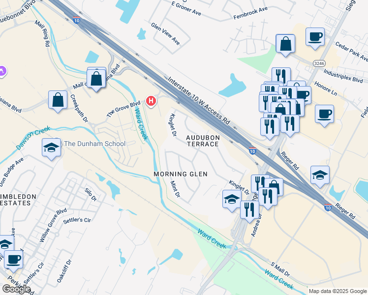 map of restaurants, bars, coffee shops, grocery stores, and more near 9868 Kinglet Drive in Baton Rouge