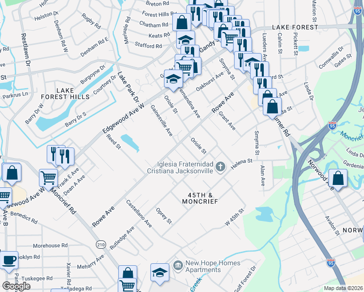 map of restaurants, bars, coffee shops, grocery stores, and more near 1759 Rowe Avenue in Jacksonville