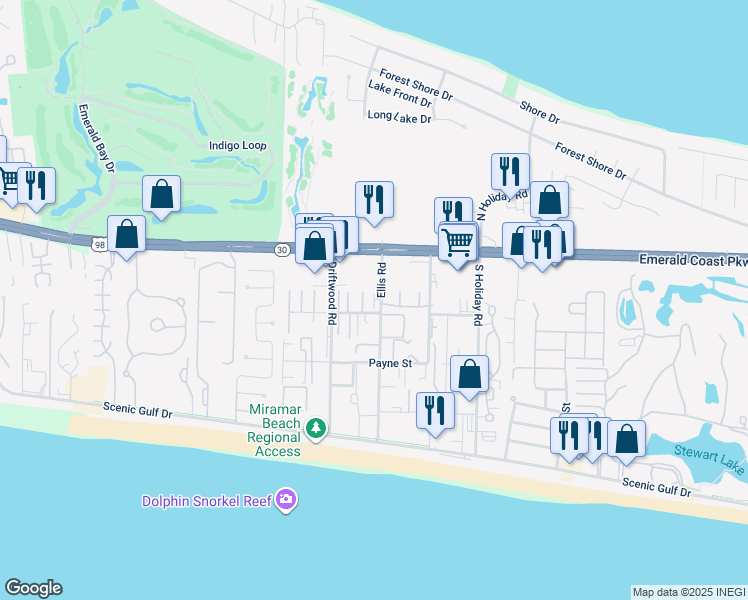 map of restaurants, bars, coffee shops, grocery stores, and more near Mirage Way in Miramar Beach
