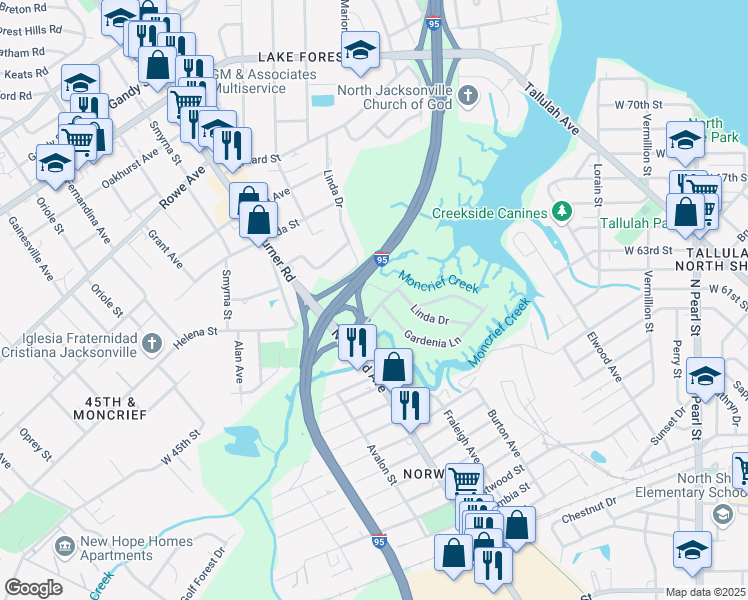 map of restaurants, bars, coffee shops, grocery stores, and more near 903 Carrollton Road in Jacksonville