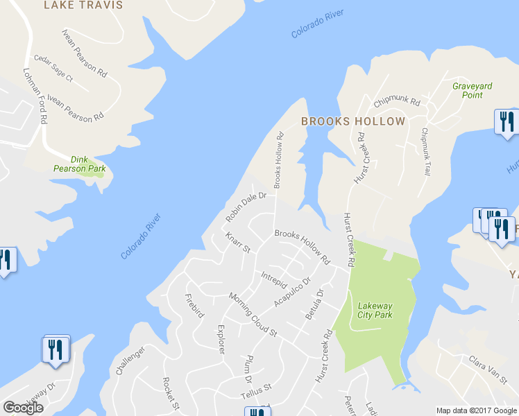 map of restaurants, bars, coffee shops, grocery stores, and more near 119 Indian Bend Drive in Austin