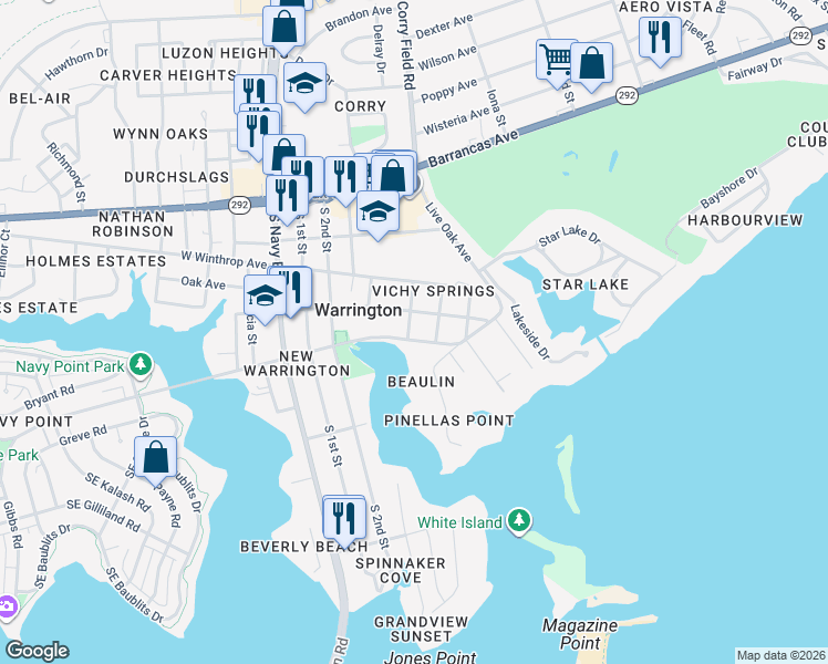 map of restaurants, bars, coffee shops, grocery stores, and more near 320 Hallock Street in Pensacola