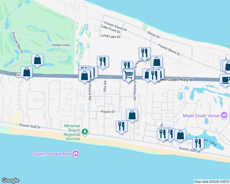 map of restaurants, bars, coffee shops, grocery stores, and more near 45 Professional Court in Miramar Beach