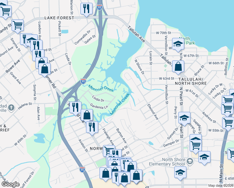 map of restaurants, bars, coffee shops, grocery stores, and more near 603 Gardenia Lane in Jacksonville