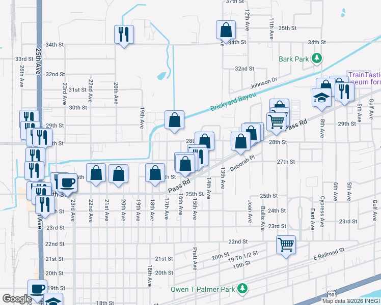 map of restaurants, bars, coffee shops, grocery stores, and more near 1501 28th Street in Gulfport