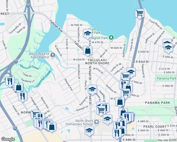 map of restaurants, bars, coffee shops, grocery stores, and more near 7102 North Pearl Street in Jacksonville
