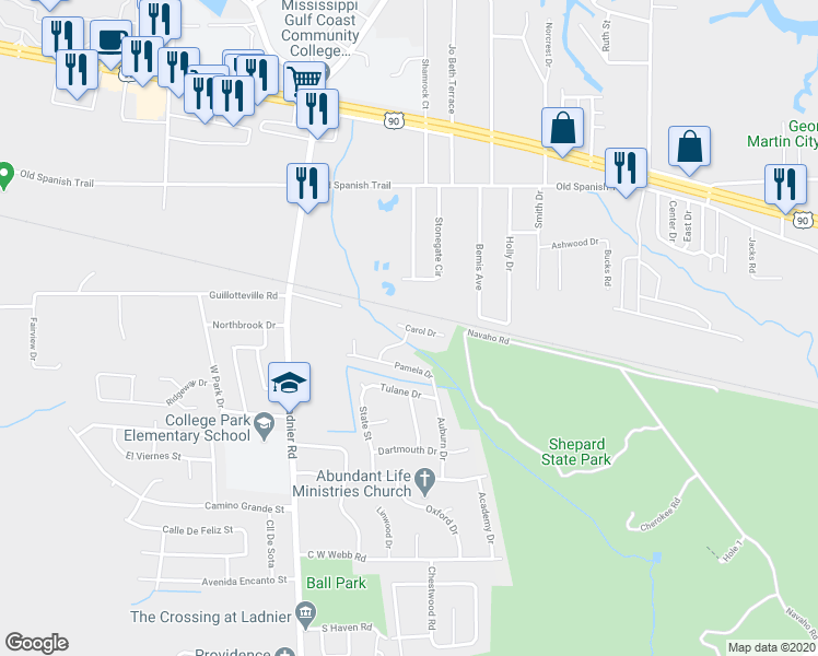 map of restaurants, bars, coffee shops, grocery stores, and more near 2899 Perkinston Lane in Gautier