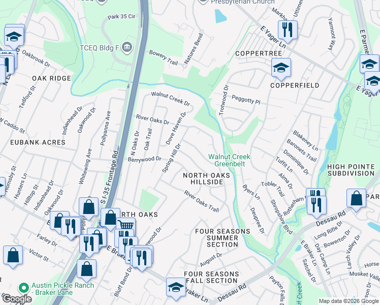 map of restaurants, bars, coffee shops, grocery stores, and more near 903 Fall Creek Drive in Austin