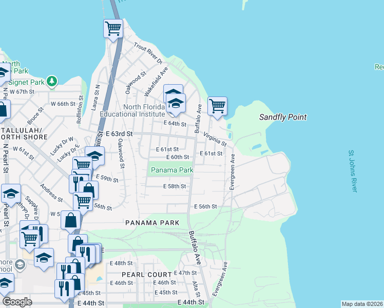 map of restaurants, bars, coffee shops, grocery stores, and more near 7114 Russell Street in Jacksonville