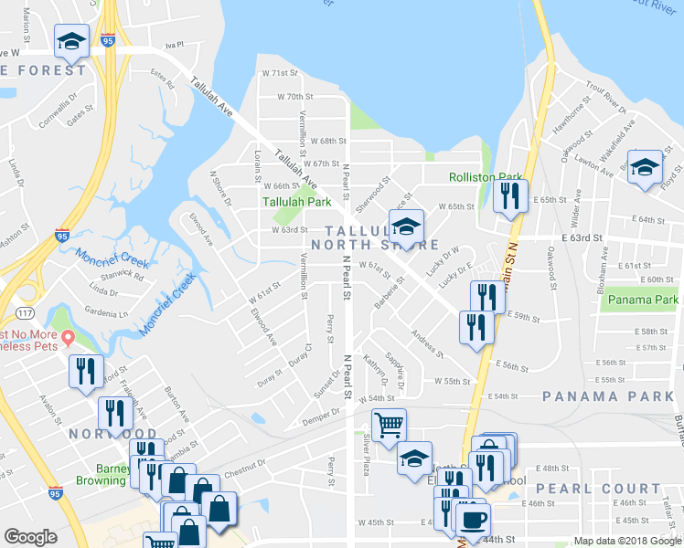 map of restaurants, bars, coffee shops, grocery stores, and more near 7102 North Pearl Street in Jacksonville