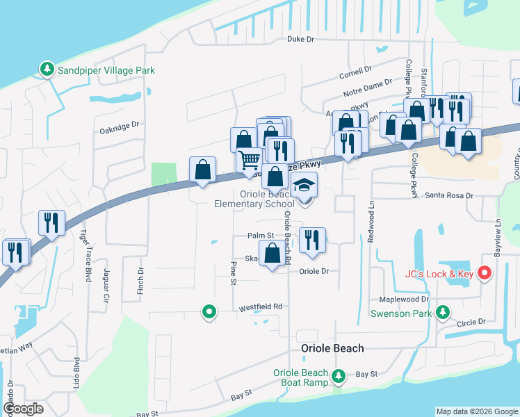 map of restaurants, bars, coffee shops, grocery stores, and more near 3046 Wind Meadow Drive in Gulf Breeze