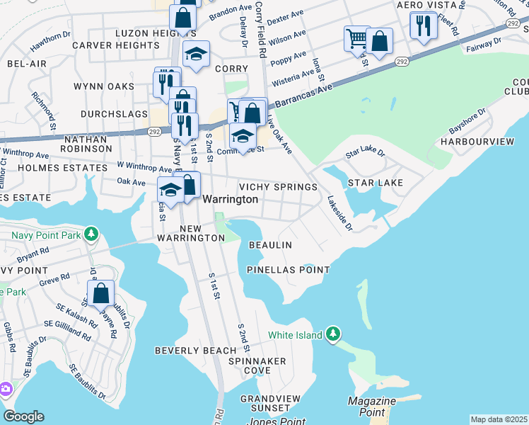 map of restaurants, bars, coffee shops, grocery stores, and more near 231 Hallock Street in Pensacola
