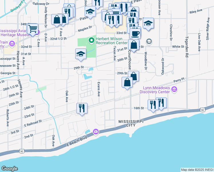 map of restaurants, bars, coffee shops, grocery stores, and more near 235 Pine Street in Gulfport