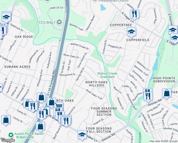 map of restaurants, bars, coffee shops, grocery stores, and more near 903 Fall Creek Drive in Austin
