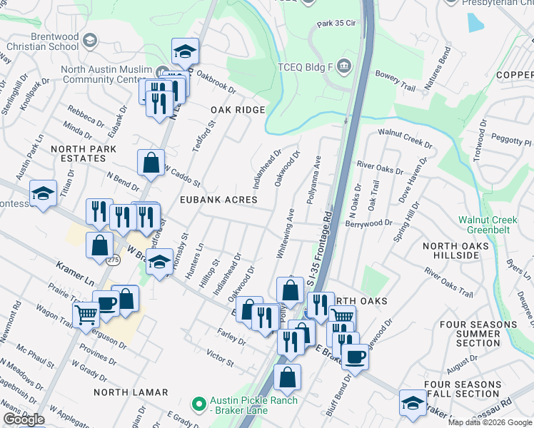 map of restaurants, bars, coffee shops, grocery stores, and more near 11703 Oakwood Drive in Austin