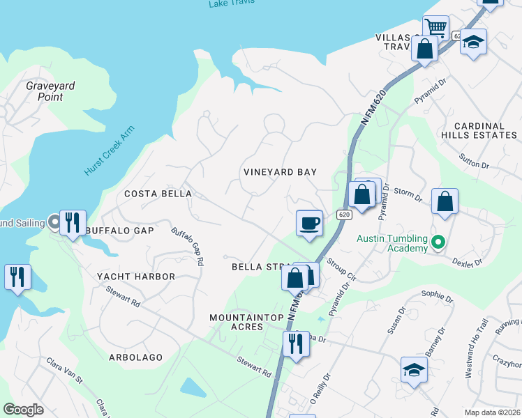 map of restaurants, bars, coffee shops, grocery stores, and more near 15900 Ct Des Azelias in Austin