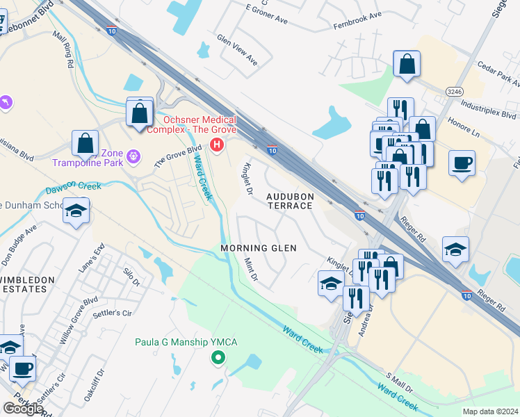 map of restaurants, bars, coffee shops, grocery stores, and more near 9858 Kinglet Drive in Baton Rouge
