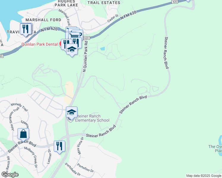 map of restaurants, bars, coffee shops, grocery stores, and more near 4500 Steiner Ranch Boulevard in Austin