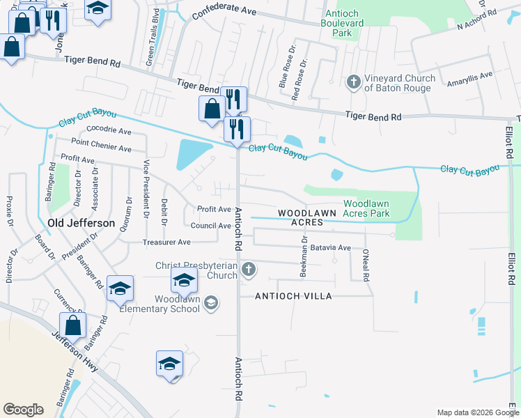 map of restaurants, bars, coffee shops, grocery stores, and more near 7467 Antioch Road in Baton Rouge