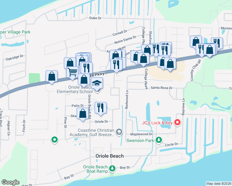 map of restaurants, bars, coffee shops, grocery stores, and more near 1284 Grand Ridge Circle in Gulf Breeze